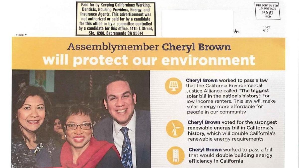 A campaign mailer, underwritten in part by Chevron, touts Assemblywoman Cheryl Brown, D-San Bernardino, as a champion of the environment. She failed to support major climate-change legislation last year.