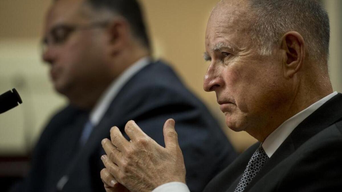 In 2014, California Gov. Jerry Brown and then-Assembly Speaker John A. Pérez spoke to an Assembly committee about Pérez's proposed legislation creating a new rainy-day reserve.
