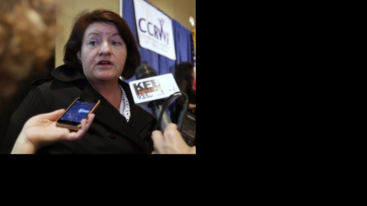 
Assembly Speaker Toni Atkins, D-San Diego, talks with reporters after speaking at the 2015 California Women's Policy Summit in Sacramento on Wednesday, Jan. 14, 2015. Recalling her upbringing in Appalachia, Atkins told the gathering of women advocates that social services helped her rise out of poverty.
