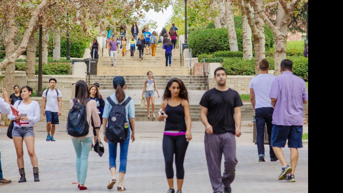 
Students wander the campus of the University of California, Los Angeles.
