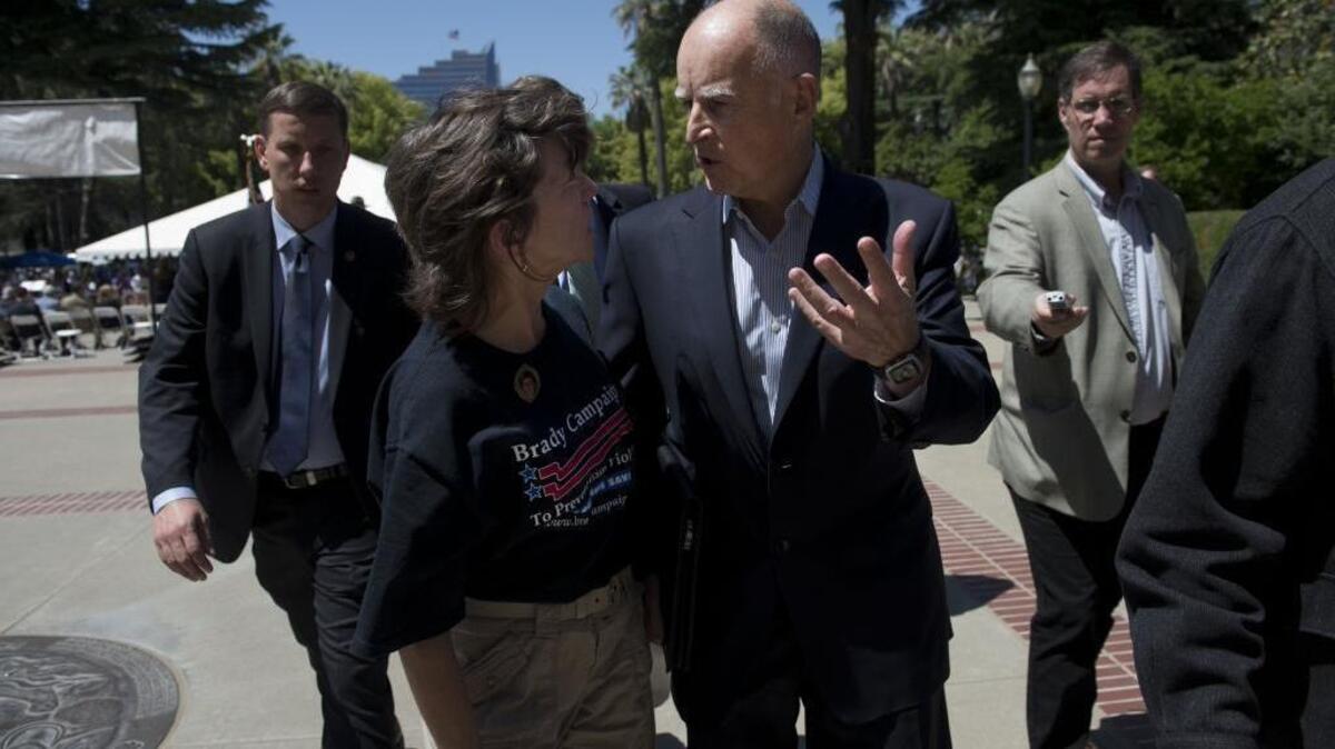
Jane Williams of Napa lobbies Gov. Jerry Brown to sign all the gun bills sent to him after he spoke at the fourth annual Crime Victims’ Rights Rally at the Capitol on April 13, 2013.
