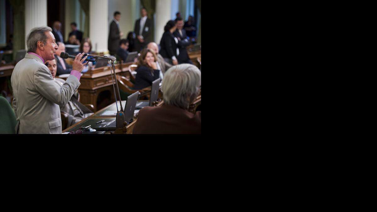 
Former Assemblyman Tom Ammiano, D-San Francisco, authored the bill to shielding transgender students. Here, Ammiano addresses members of the Assembly at the Capitol on Aug. 4.
