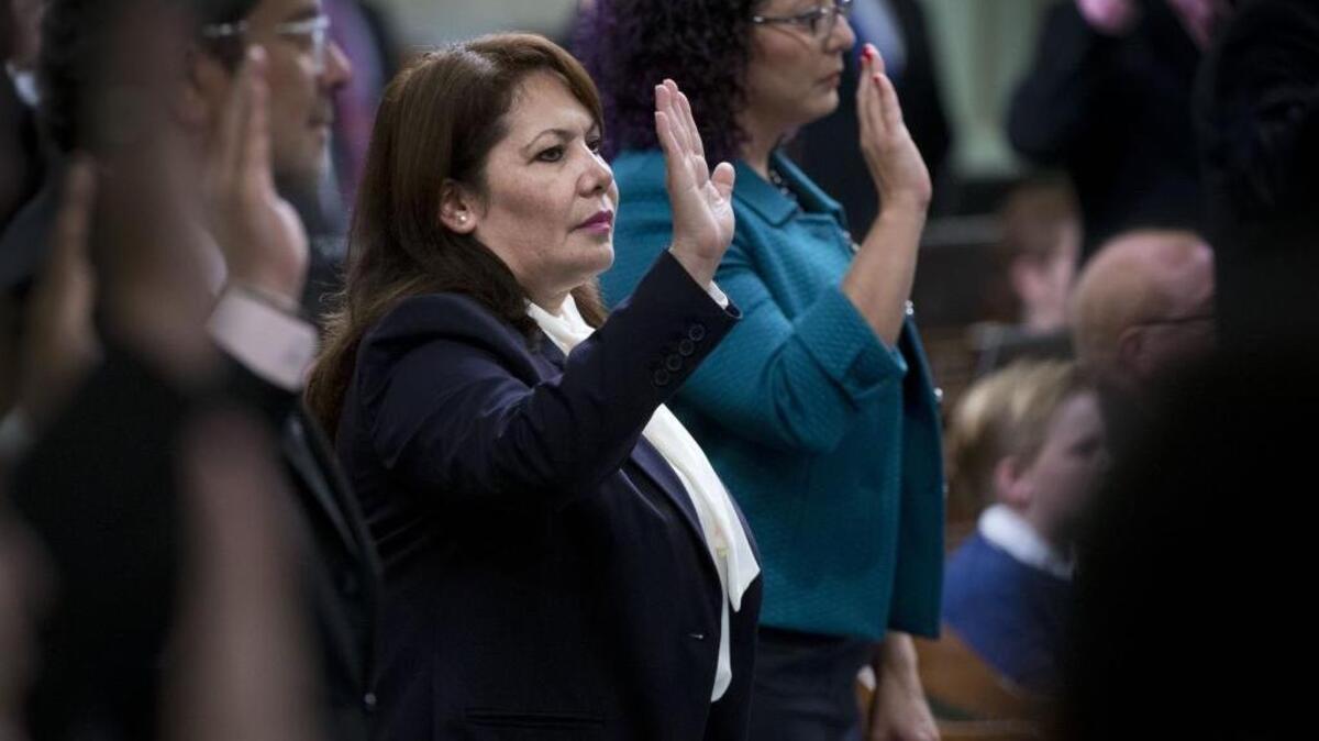 Assemblywoman Patty Lopez, D-San Fernando, takes the oath of office Dec. 1, 2014. Lopez faces a June 2016 primary challenge from the man she defeated in November 2014: former lawmaker Raul Bocanegra.