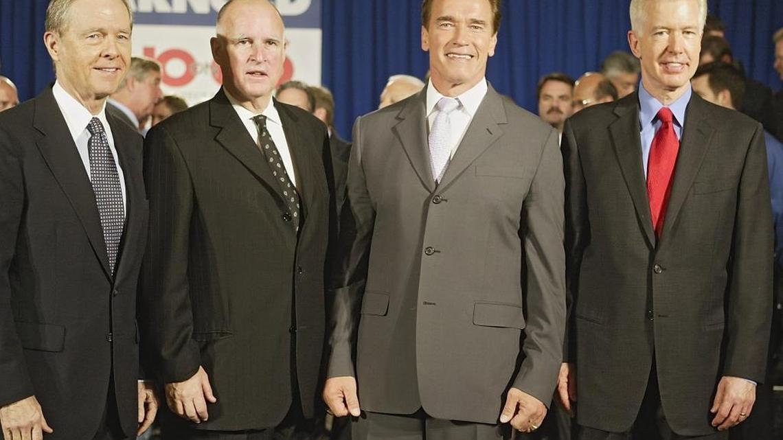 In an Oct. 28, 2004 file photo, then-Gov. Arnold Schwarzenegger, third from left, is joined by former California governors, from left, Pete Wilson, Jerry Brown and Gray Davis. Those four, plus former Gov. George Deukmejian, make up the string of governors that did not have a veto overidden by the Legislature. It last occurred during Brown’s first tenure in office, which ended in 1983.