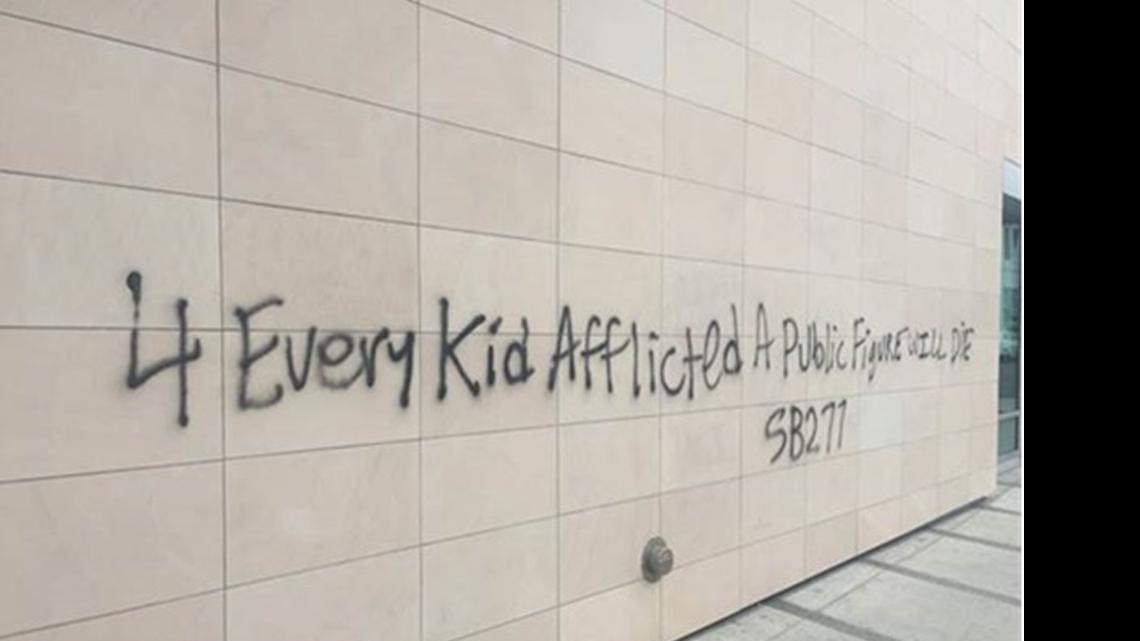 
Graffiti opposing mandatory child vaccinations appeared on the 10 Freeway in Southern California last week. Authorities have warned lawmakers’ offices to be on the lookout for the person arrested.
