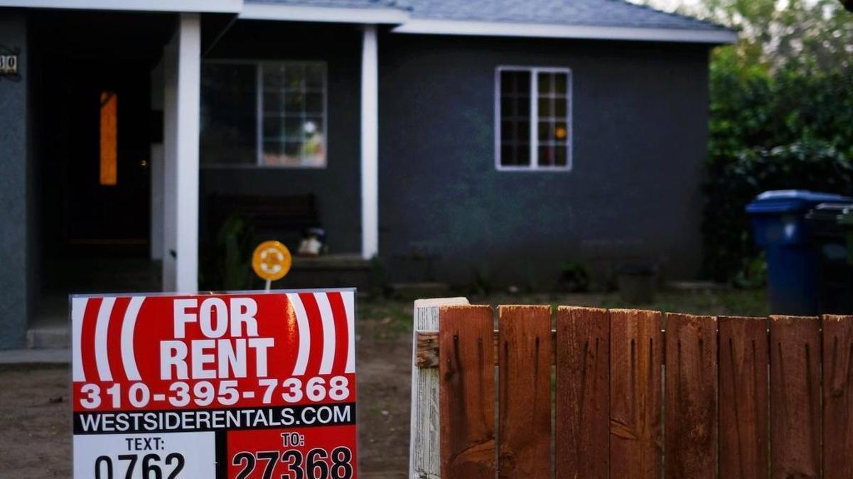 This Friday, Feb. 27, 2015 file photo shows a sign advertising a house for rent in Los Angeles.