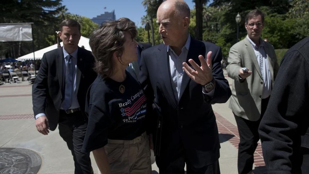 
Jane Williams of Napa lobbies Gov. Jerry Brown to sign all the gun bills sent to him after he spoke at the fourth annual Crime Victims' Rights Rally at the Capitol on April 23, 2013.
