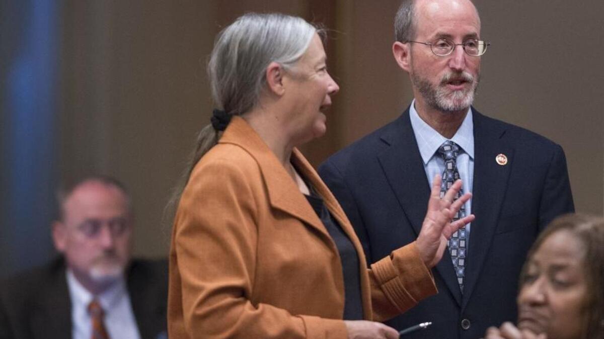Sen. Steve Glazer, D-Orinda, whose entrance into the upper house followed a brutal intra-party battle, talks with colleague Fran Pavley, D-Agoura Hills, at the Capitol in June, 2015.