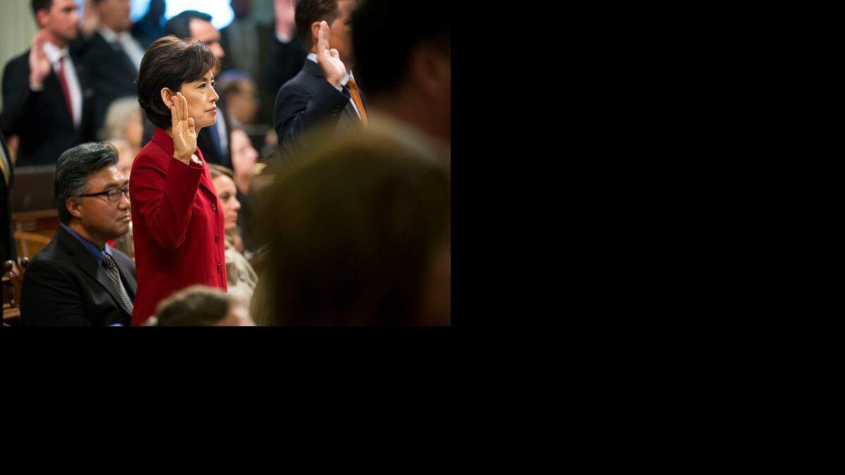 
Assemblywoman Young Kim, R-Fullerton, is sworn in Monday at the state Capitol.

