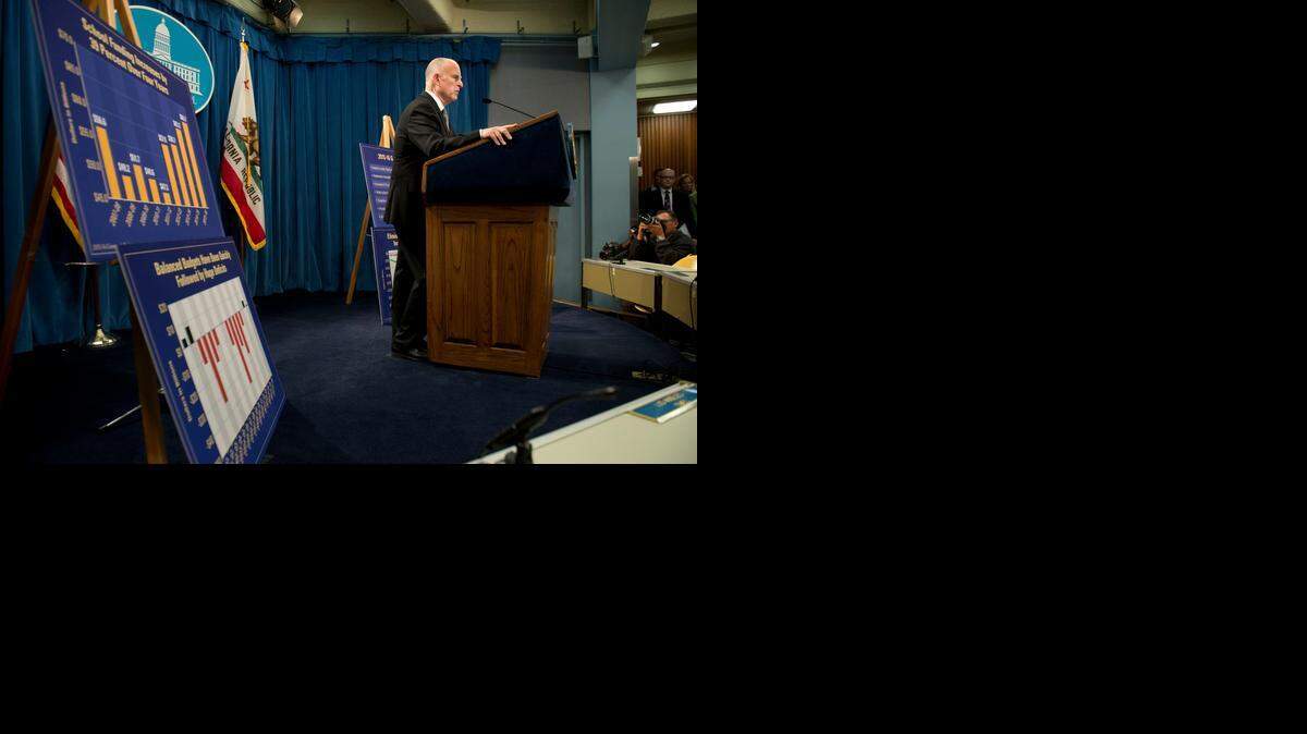 
Gov. Jerry Brown unveils his 2015-16 state budget proposal at the Capitol in Sacramento on Friday.
