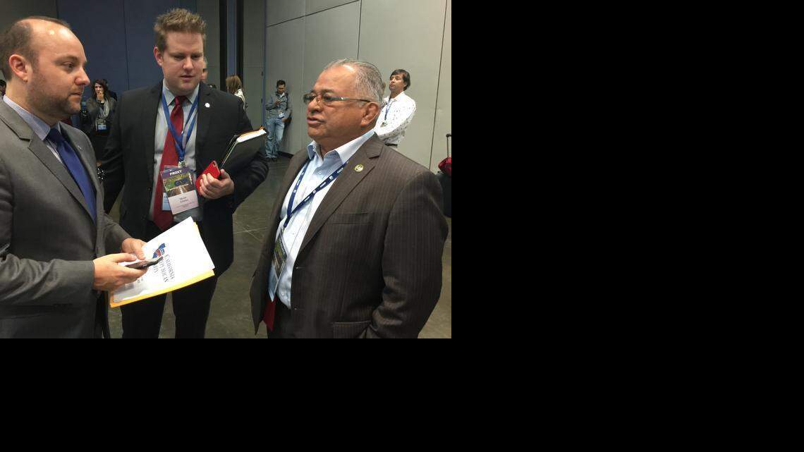 
Assemblyman Rocky Chávez, R-Oceanside, right, talks with leaders of the gay GOP organization Log Cabin Republicans of California, Charles Moran, center, and John Musella, on Friday at the California Republican Party convention in Sacramento.
