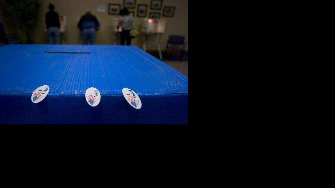 
“I Voted” stickers sit on a ballot box waiting to be handed out to voters at the polling location at El Dorado Hills Fire Department Station 85 on November 8, 2005.
