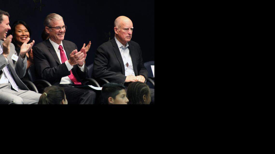 
Superintendent of Public Instruction Tom Torlakson, center, and Gov. Jerry Brown attend a ribbon-cutting ceremony for a new fitness center at San Jose’s Katherine Smith Elementary School on Oct. 8. 
