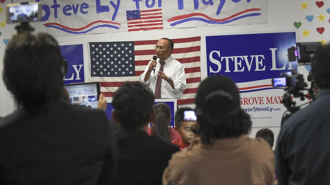 Elk Grove Mayoral candidate Steve Ly addresses his supporters at the election returns party for Elk Grove Mayoral Candidate Steve Ly in Elk Grove on Tuesday, November 8, 2016. At 9:00pm early returns showed Ly winning the seat.