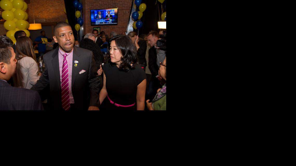 
Sacramento Mayor Kevin Johnson leaves with his wife Michelle Rhee after speaking to supporters of Measure L at Pizza Rock in Sacramento.
