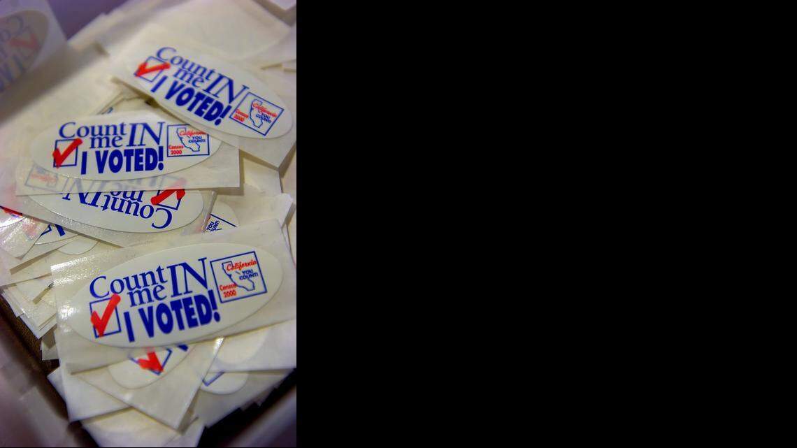 
"I Voted" stickers sit next to the ballot box at the Sacramento County Registrar of Voters office. Bee file photo. 
