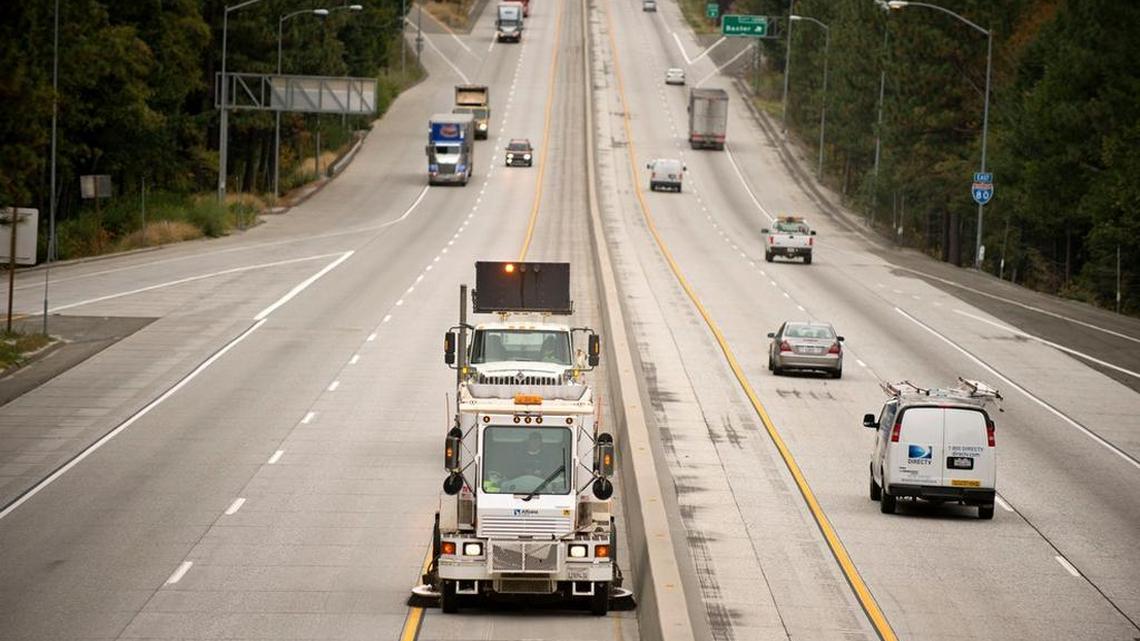 A Caltrans sweeper makes its way West on I-80 near the Crystal Springs exit in Placer County on Wednesday, October 2, 2013.