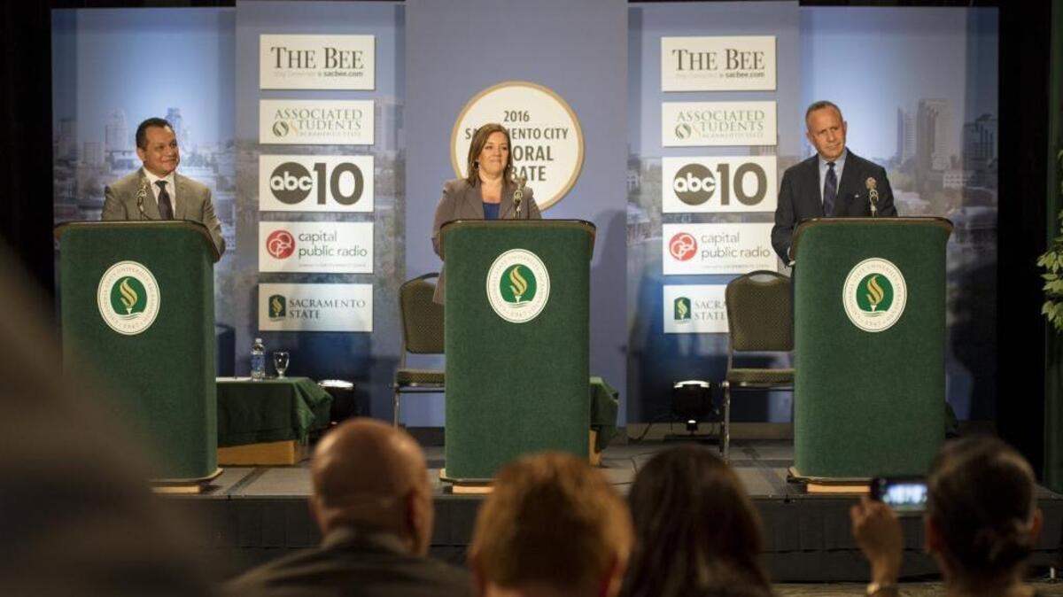 Mayoral candidates Tony Lopez, Angelique Ashby and Darrell Steinberg on Monday afternoon before the mayoral debate at the University Union Ballroom at Sacramento State University, May 9, 2016.