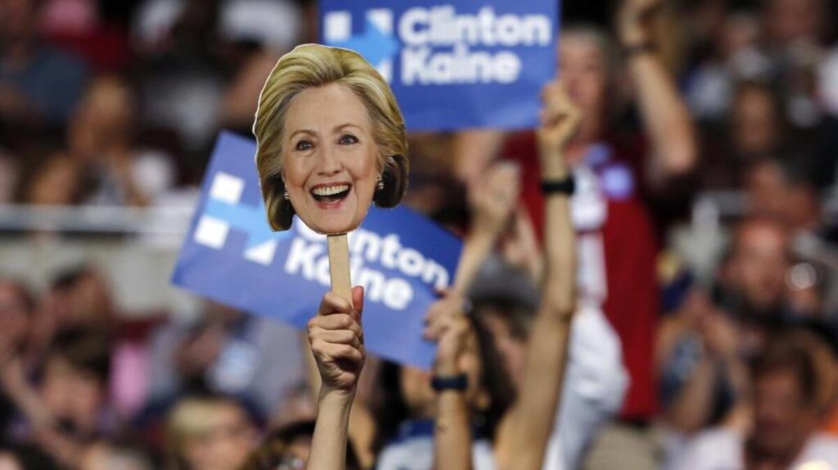 Maine delegates hold up signs as they show support for Democratic presidential nominee Hillary Clinton during the final day of the Democratic National Convention in Philadelphia, Thursday, July 28, 2016.