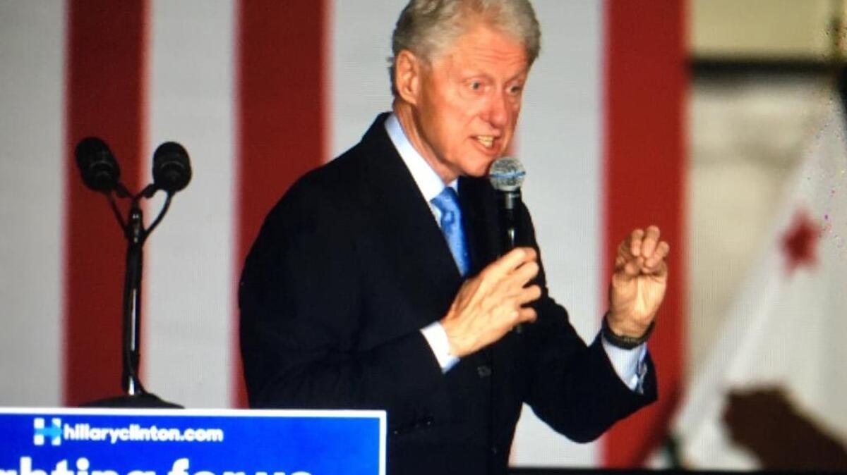 Former President Bill Clinton addresses a crowd at California State University, Sacramento, as he campaigns on behalf of wife Hillary Clinton on Monday, May 23, 2016.