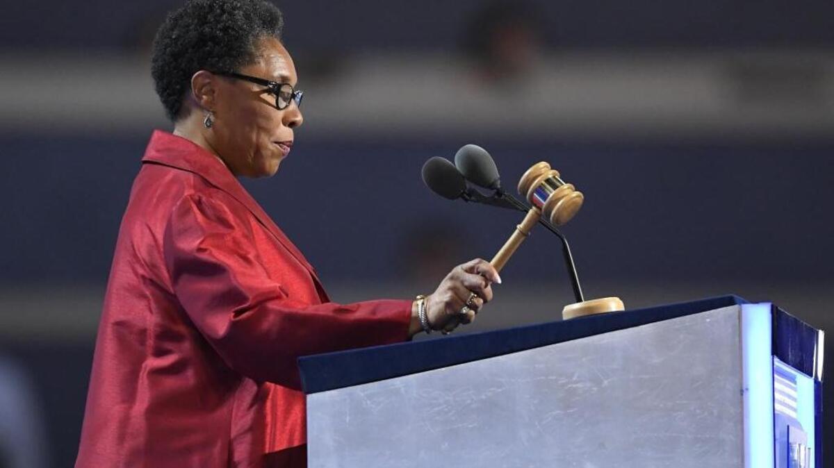 Rep. Marcia Fudge, D-Ohio, chair of the Democratic National Convention, calls the third day of the convention to order in Philadelphia on Wednesday, July 27, 2016.