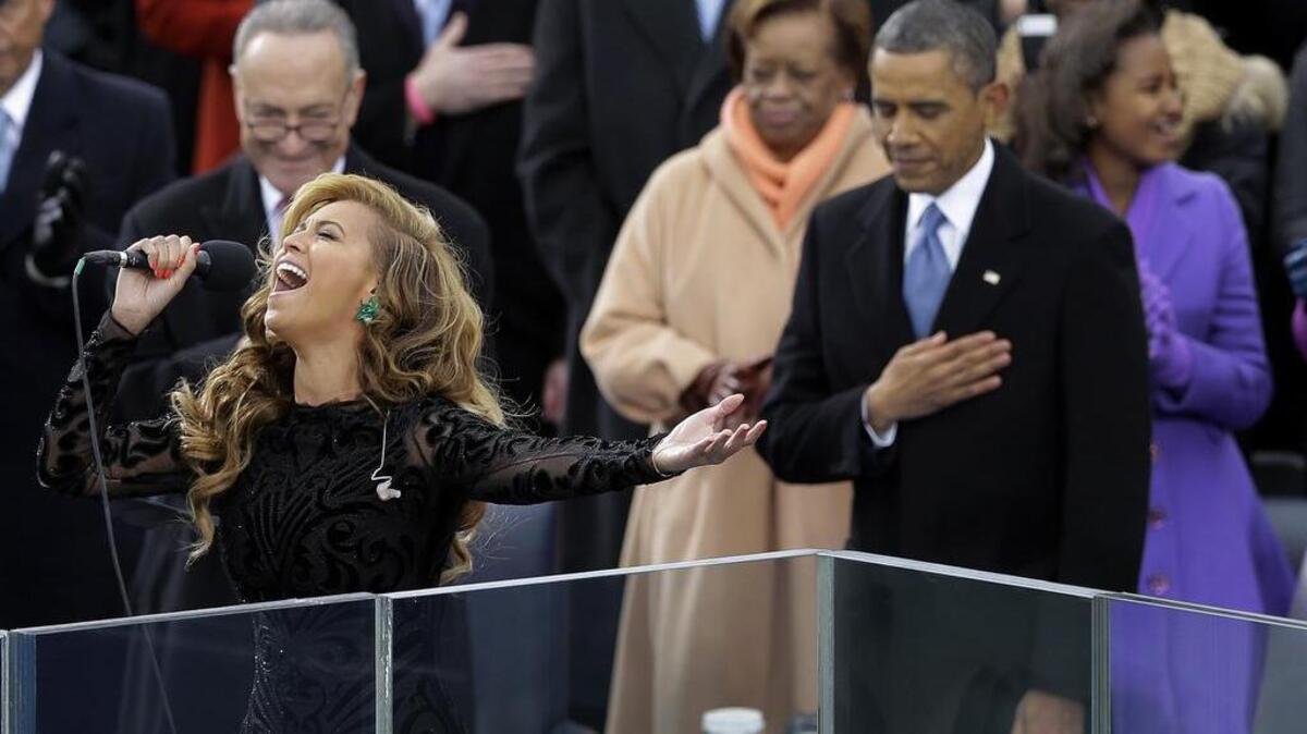Beyoncé sings the National Anthem at President Barack Obama’s ceremonial swearing-in on Jan. 21, 2013, at the U.S. Capitol during the 57th Presidential Inauguration in Washington. So far, the biggest names President-elect Donald Trump has secured are “America’s Got Talent” contestant Jackie Evancho, to sing the national anthem at the inauguration, and country duo Big & Rich.