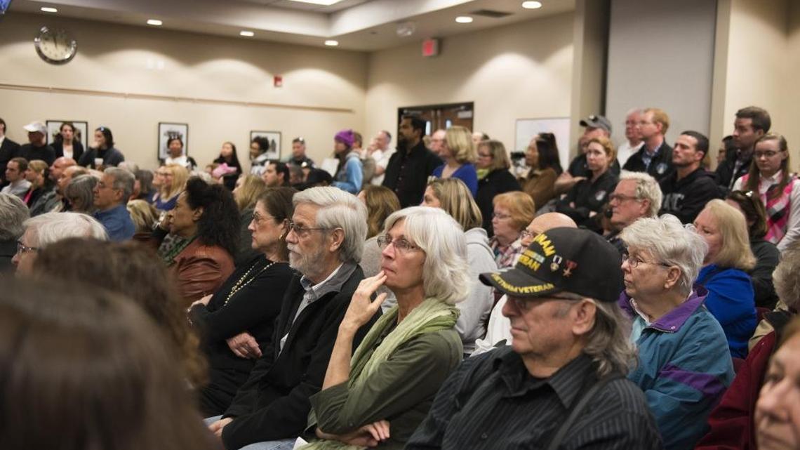 A large concerned crowd attends the town hall meeting held by Rep. Ami Bera at Elk Grove City Hall on Jan. 28, 2017. The meeting was packed with a diverse crowd concerned with the new Trump administration and wanting to know how Bera would oppose aspects of the administration’s agenda, including threats to dismantle the Affordable Health Care Act.