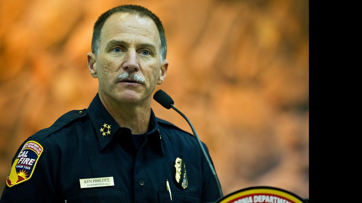 
California Department of Forestry and FIre Protection Chief Ken Pimlott speaks to during a press conference near Yosemite National Park in 2014.
