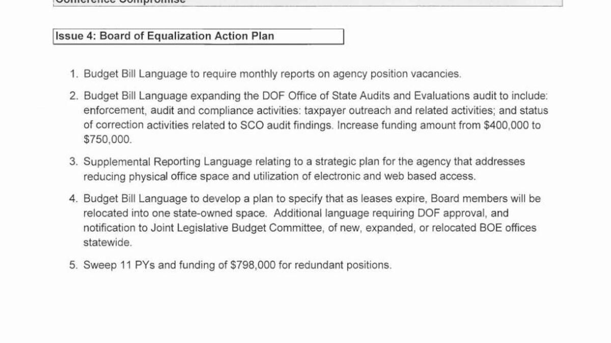 The list of strings that California lawmakers want to attach to the Board of Equalization’s 2016-17 budget.