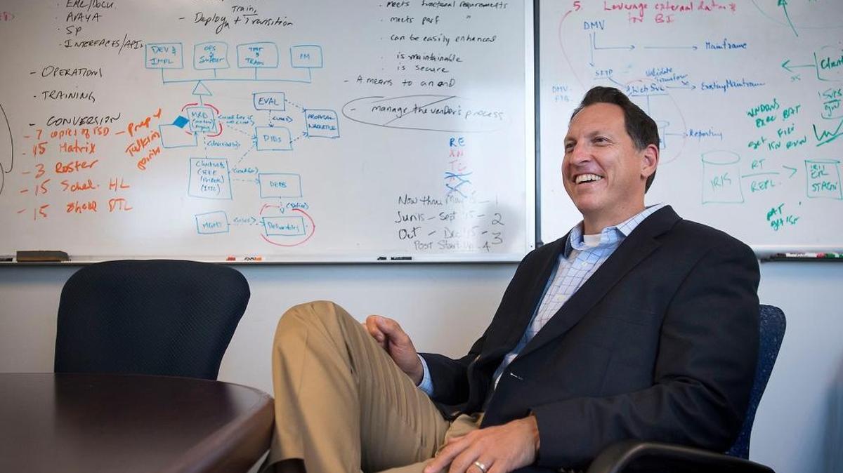 
CROS Project Director Eric Steen smiles in his office at the State Board of Equalization tower in Sacramento during an interview. Steen this week resigned his post, effective Sept. 23.
