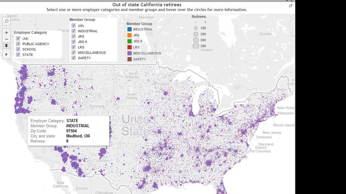 
A screenshot of an interactive map (see below) that shows where CalPERS recipients are living outside of California.
