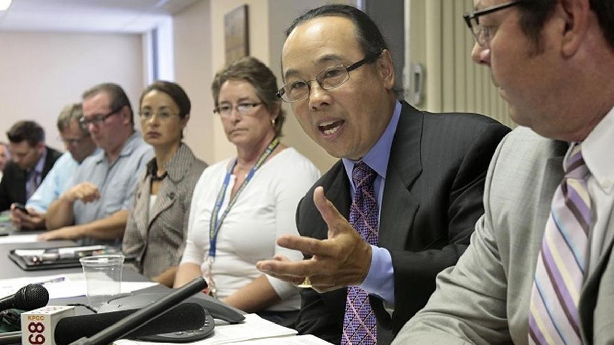Dave Low, executive director of the California School Employees Association, accompanied by other representatives of various public employee unions at a 2012 meeting. Low is concerned about the impact of a pending U.S. Supreme Court ruling on “fair-share fees.”