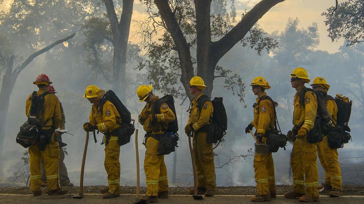 CalFire crews stage for a fire in July in Amador County. Cal Fire firefighters are switching to dual-purpose fire-resistant pants that will serve as both a uniform and protection from fire. Some have expressed concern online that it could bring toxic material from the field into the home.
