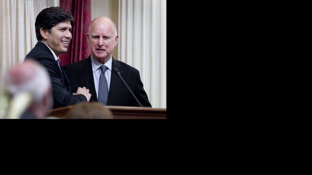 
Senate President Pro Tem Kevin de León, D-Los Angeles, left, seen with Gov. Jerry Brown, found out he had to cut the Senate’s budget.  The California Senate faced an estimated budget shortfall of $3 million to $4 million through June, a top Senate official said this week. 
