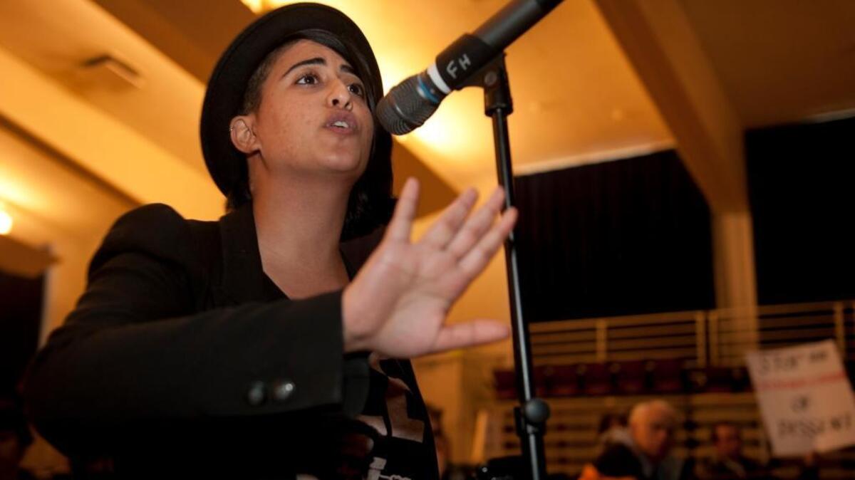 Sophia Kamran, a UC Davis student who said she was pepper-sprayed Nov. 18, speaks to the investigative panel that released its report on the campus protest and police reaction Wednesday, April 11, 2012.