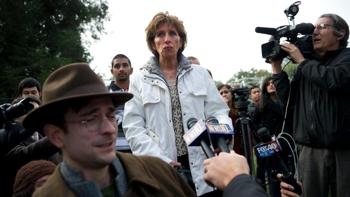UC Davis Chancellor Linda P.B. Katehi attends a meeting with students who pitched tents on campus on Tuesday, Nov. 22, 2011. She was invited to the group's general assembly, but after she waited quietly for 20 minutes the students could not agree on whether to deviate from their agenda to allow her to speak and she finally walked away.