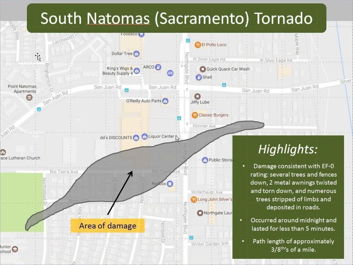 This graphic shows the area affected by the tornado in a South Natomas neighborhood of Sacramento on Wednesday, Jan. 11, 2017.