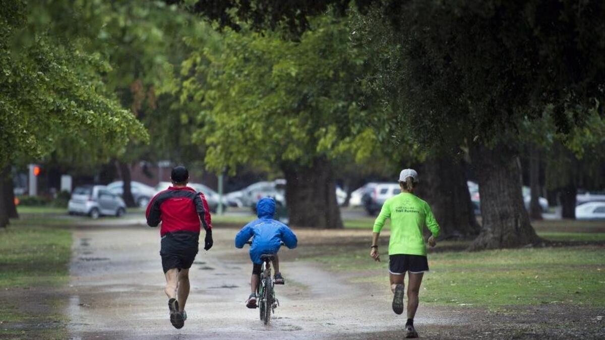 Joy Amulya, her daughter Shovha, 9, and her brother Ken Reardon, left, exercise in the rain at McKinley Park on Nov. 1, 2015.