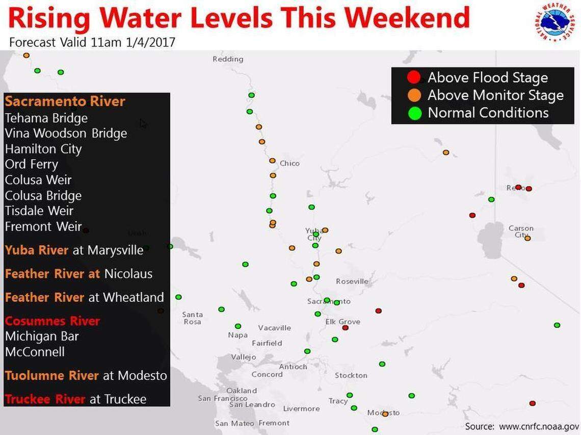 Rivers and streams are threatened with flooding along some stretches as a major storm sweeps through Northern California Jan. 7-9, 2016.