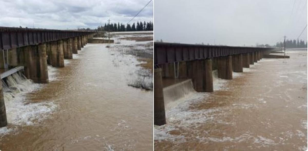 Seven gates on the Sacramento Weir opened Tuesday morning to relieve pressure on levees downstream. The photo on the left shows Monday afternoon and the photo on the right is from Tuesday morning.