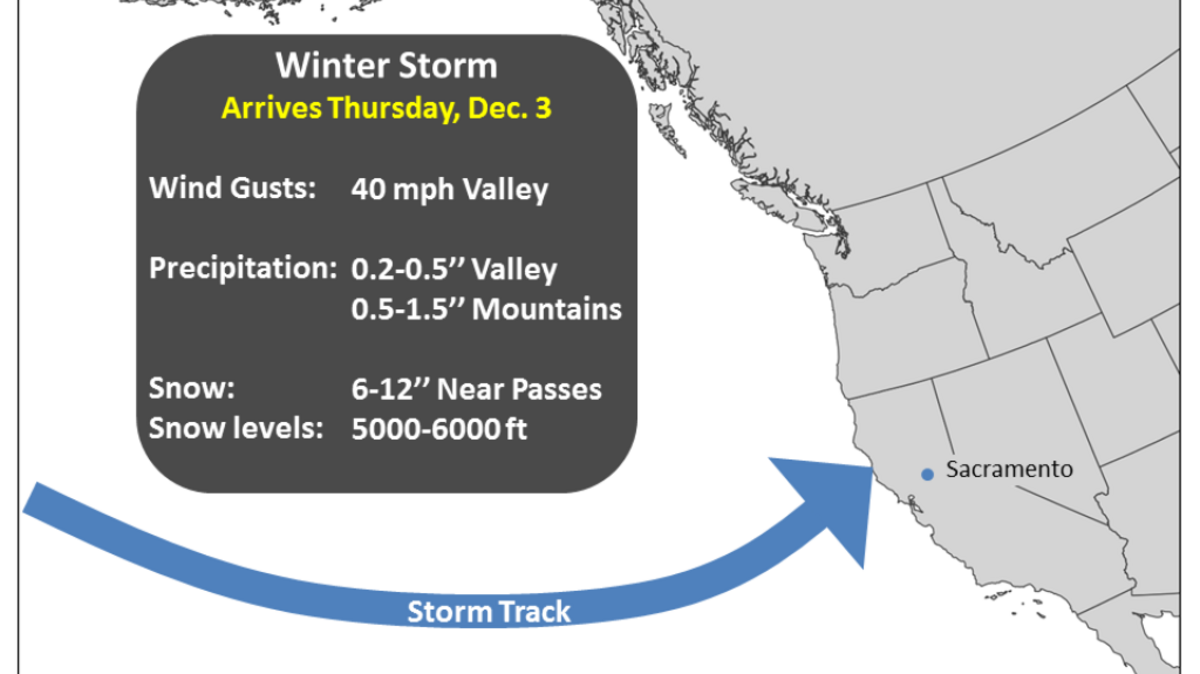 A National Weather Service graphic shows the predicted path of a storm that should hit the Sacramento region on Thursday.