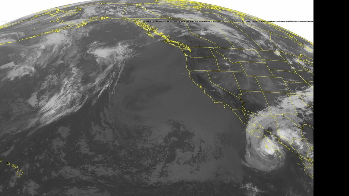 
This NOAA satellite image taken Monday shows a broad area of clear conditions caused by high pressure that is bringing increased heat to Northern California.
