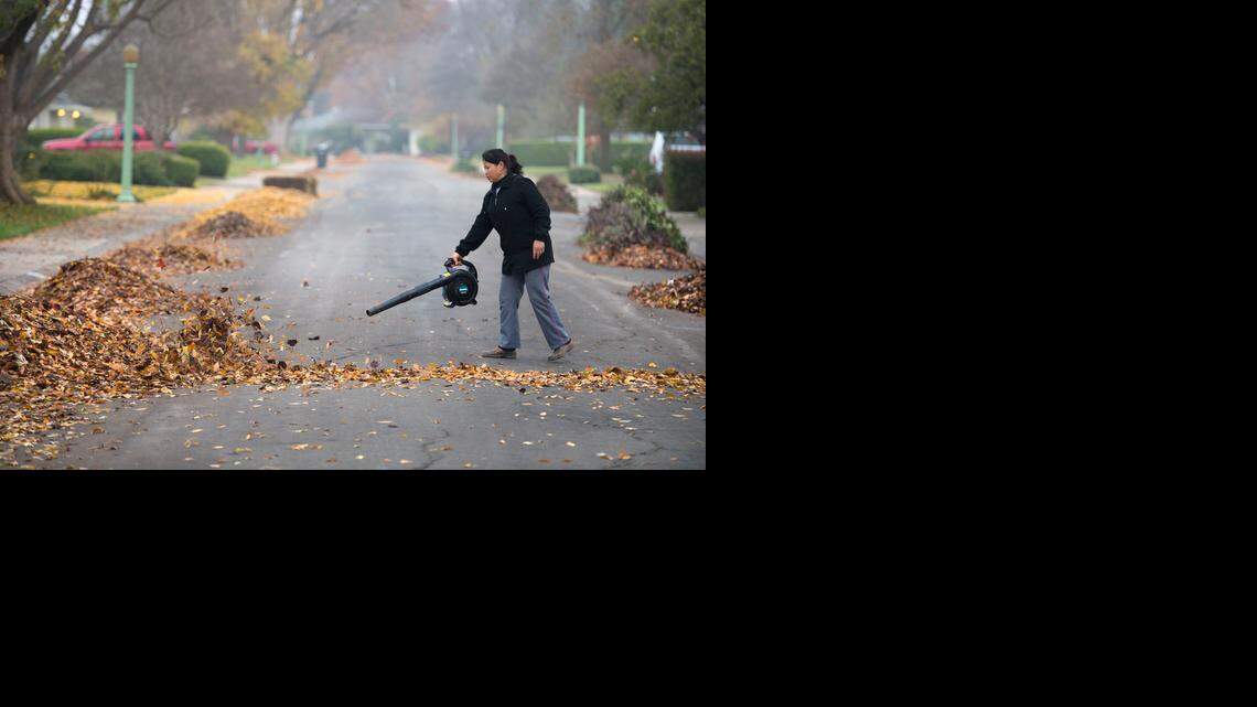 
Maya Gurung, a 13-year River Park resident, cleans up leaves on her street in preparation for the storm Wednesday.
