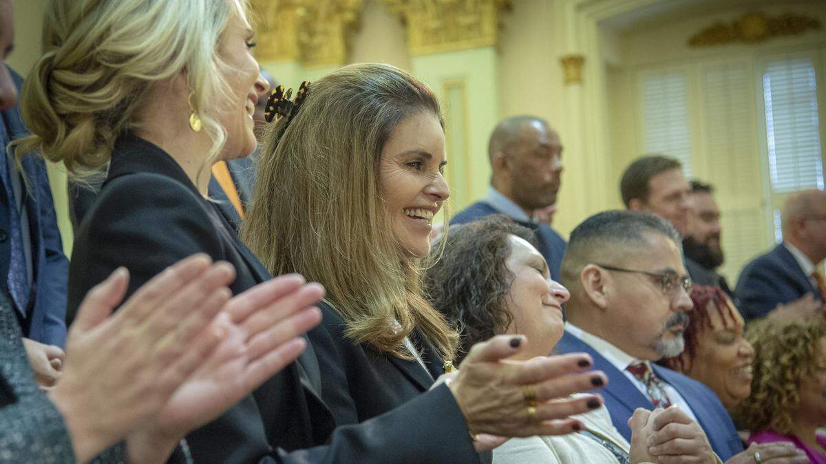 Maria Shriver listen to Gov. Gavin Newsom as he gives his first State of the State address on Tuesday, Feb. 12, 2019 in the Assembly Chambers at the State Capitol in Sacramento. Newsom appointed Shriver to head the Alzheimer’s Prevention and Preparedness Task Force.