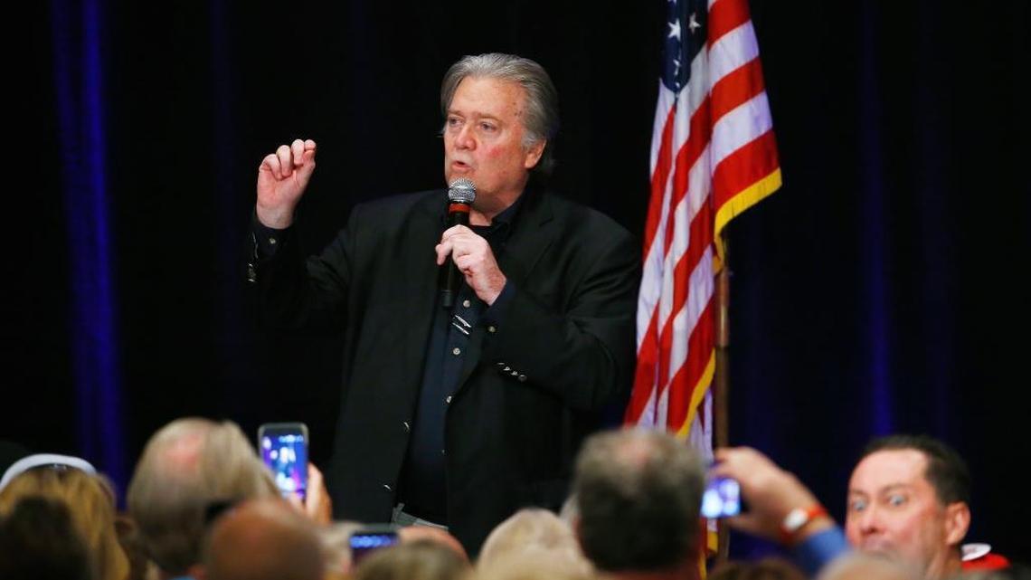 Steve Bannon, former strategist for President Donald Trump, speaks at a campaign rally for Arizona Senate candidate Kelli Ward on Tuesday in Scottsdale. Ward is running against incumbent Republican Jeff Flake in next year’s GOP primary.