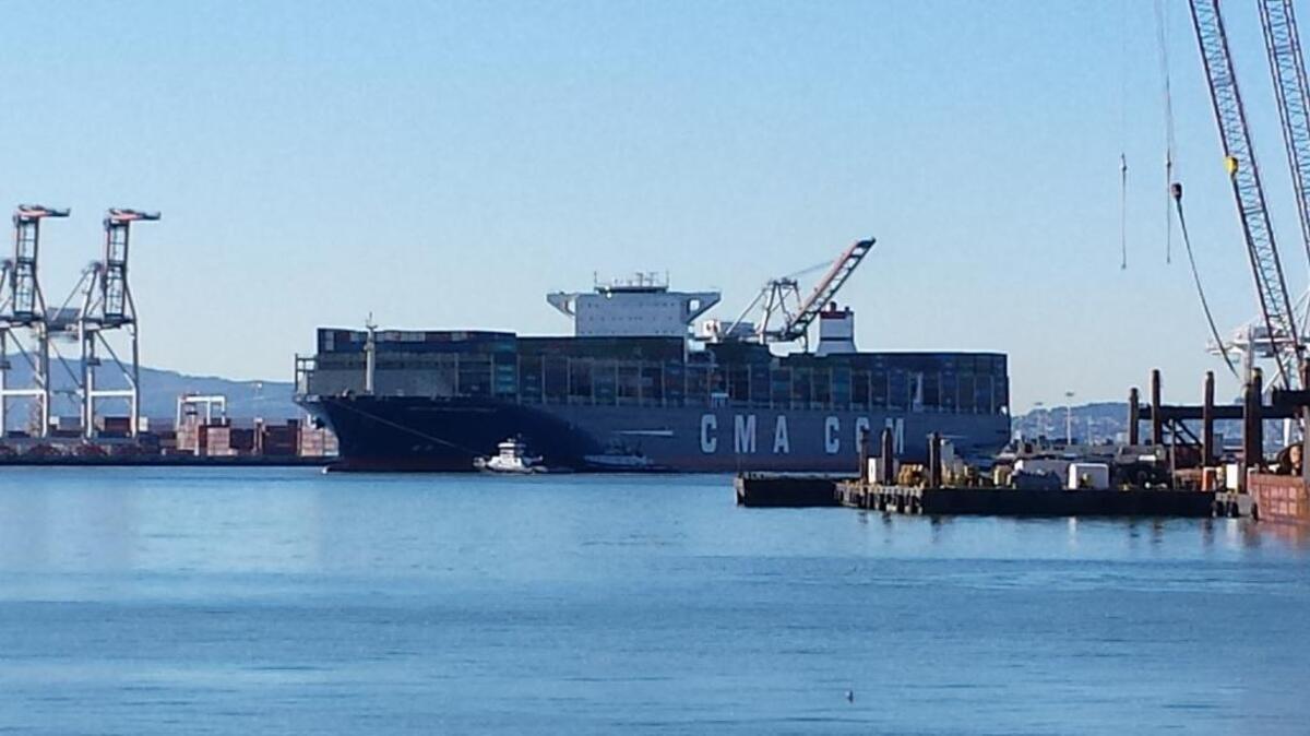 The MV Benjamin Franklin, calling on the Port of Oakland, can carry up to 18,000 20-foot shipping containers, nearly 30 percent more than the largest ships currently serving America’s West Coast ports.