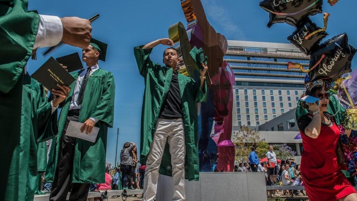 Monterey Trail High School students wait for family and friends after commencement ceremonies at Golden 1 Center on Monday, May 22, 2017 in Sacramento.