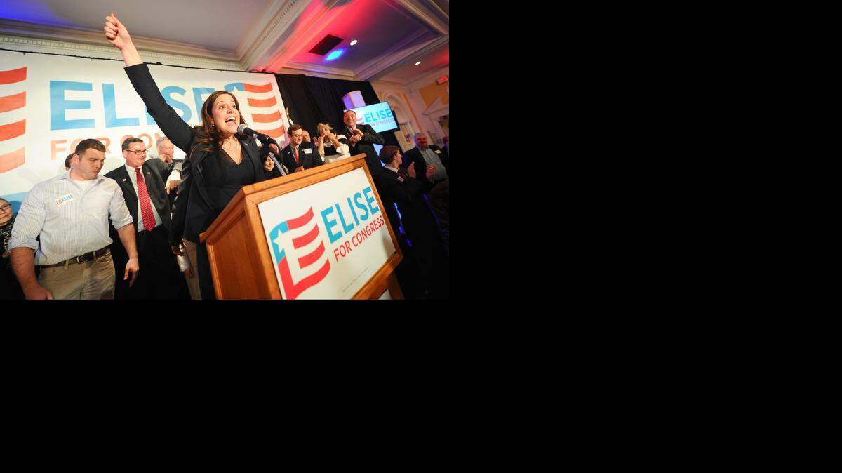 
Elise Stefanik celebrates her win in New York’s 21st Congressional District on election night in Glens Falls, N.Y. 
