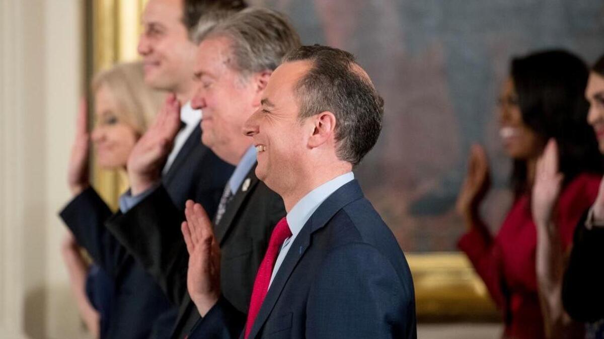 President Donald Trump’s advisers, from the left, Kellyanne Conway, Jared Kushner, Steve Bannon, and Chief of Staff Reince Priebus, are sworn in along with other members of White House senior staff on Jan. 22.