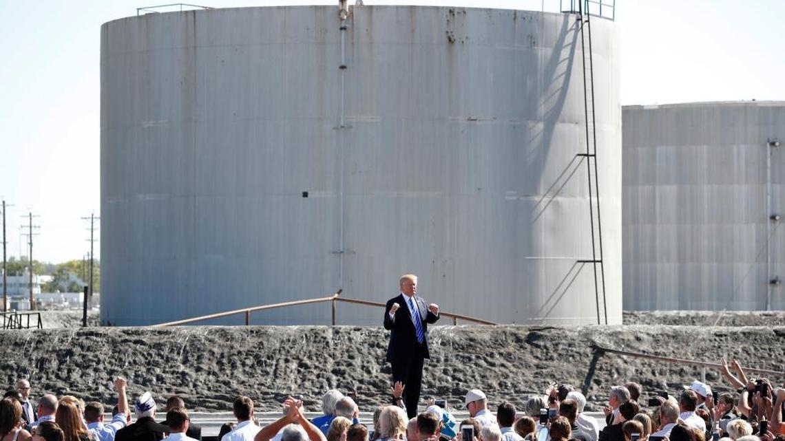 President Donald Trump reacts to supporters after speaking about tax reform at the Andeavor Mandan Refinery on Wednesday, Sept. 6, 2017, in Mandan, N.D. (AP Photo/Charlie Neibergall)